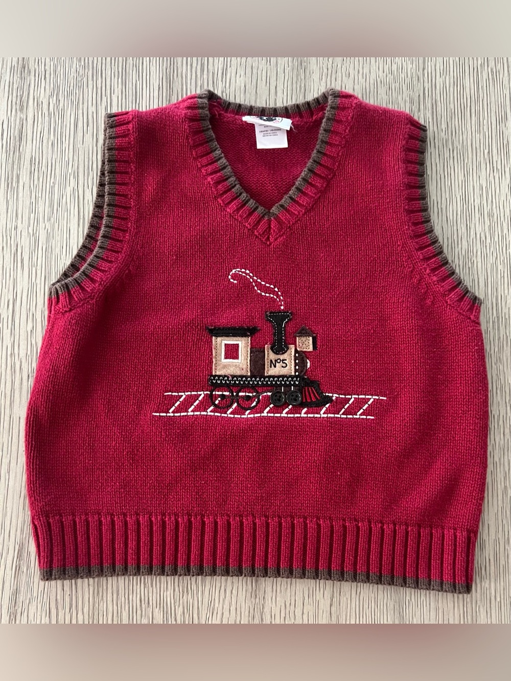 Good Lad toddler boy red v neck sweater Vest with Brown Trim and Train Patch